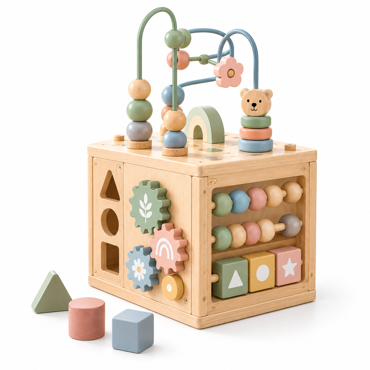Virexaxe® Montessori Activity Cube – Wooden Sorting, Stacking and Bead Maze Learning Toy