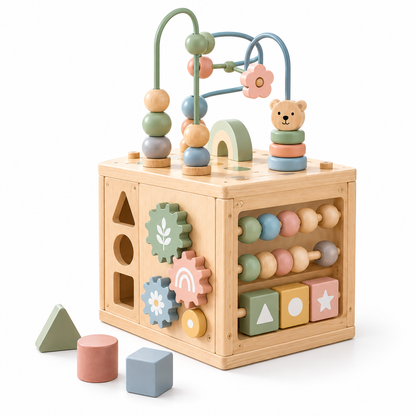 Virexaxe® Montessori Activity Cube – Wooden Sorting, Stacking and Bead Maze Learning Toy