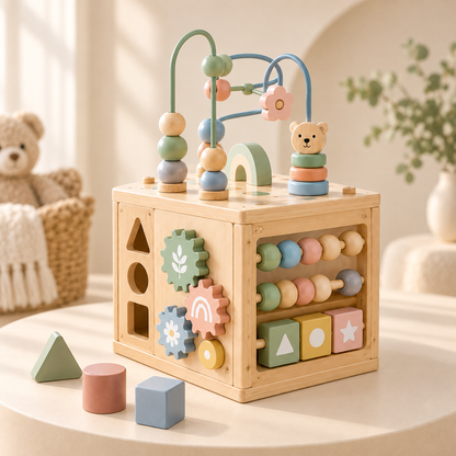 Virexaxe® Montessori Activity Cube – Wooden Sorting, Stacking and Bead Maze Learning Toy