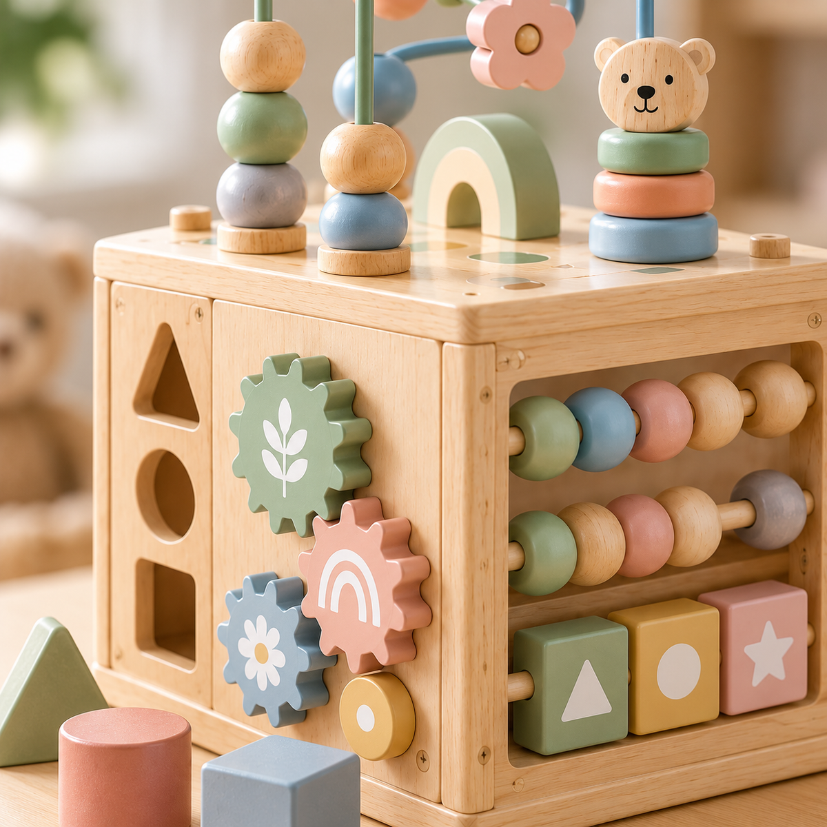 Virexaxe® Montessori Activity Cube – Wooden Sorting, Stacking and Bead Maze Learning Toy