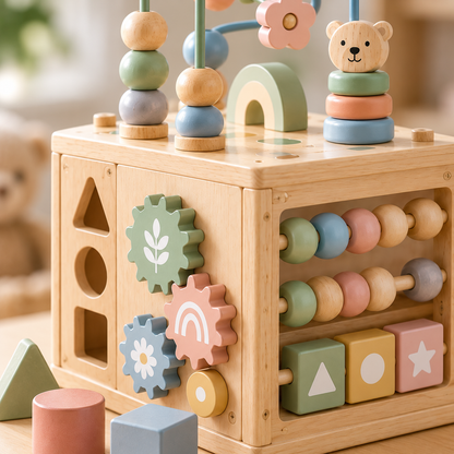 Virexaxe® Montessori Activity Cube – Wooden Sorting, Stacking and Bead Maze Learning Toy