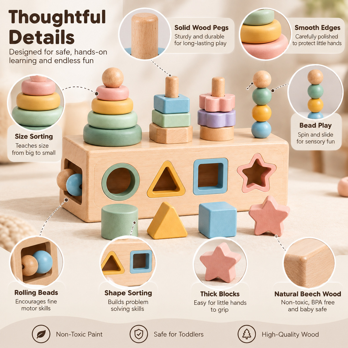 Virexaxe® Montessori Wooden Activity Cube – Shape Sorter and Stacking Learning Toy